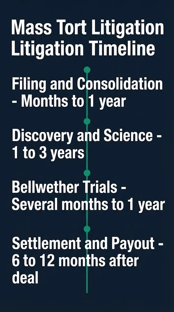 Mass tort lawsuit timeline graphic showing stages from filing through settlement payout.