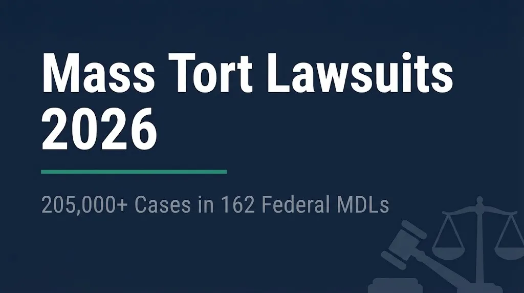 Mass tort lawsuits 2026 banner showing 205,000 pending cases across 162 federal MDLs.