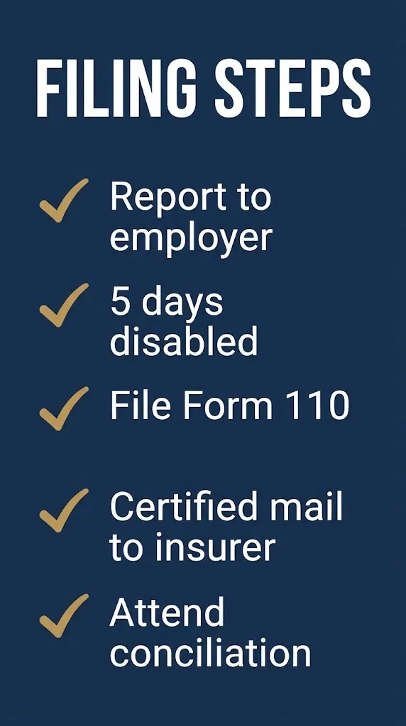 Massachusetts workers comp filing steps report injury, 5 days disabled, file Form 110, attend conciliation.
