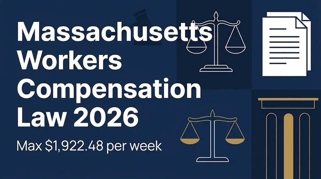 Massachusetts workers compensation law 2026 banner showing max weekly benefit of $1,922.48.