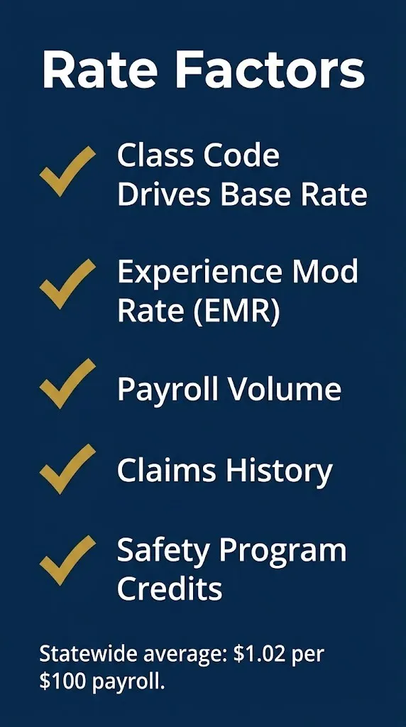 Massachusetts workers compensation rate factors checklist showing class code, EMR, payroll, and claims history.