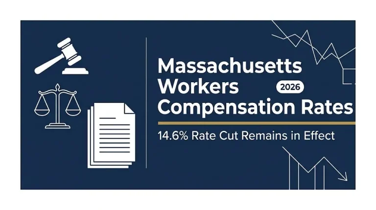 Massachusetts workers compensation rates 2026 banner with 14.6% rate cut and legal imagery.