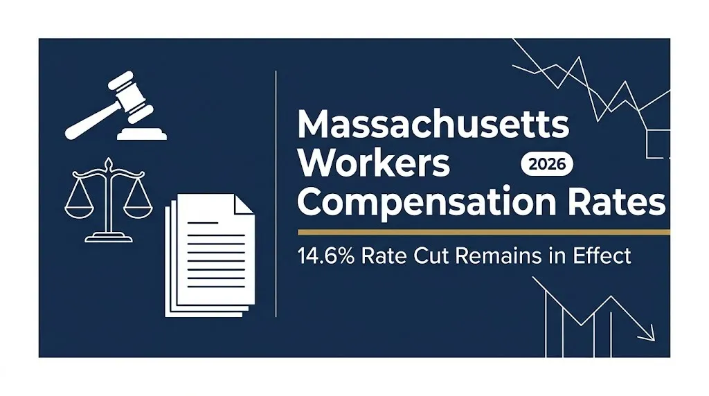 Massachusetts workers compensation rates 2026 banner with 14.6% rate cut and legal imagery.