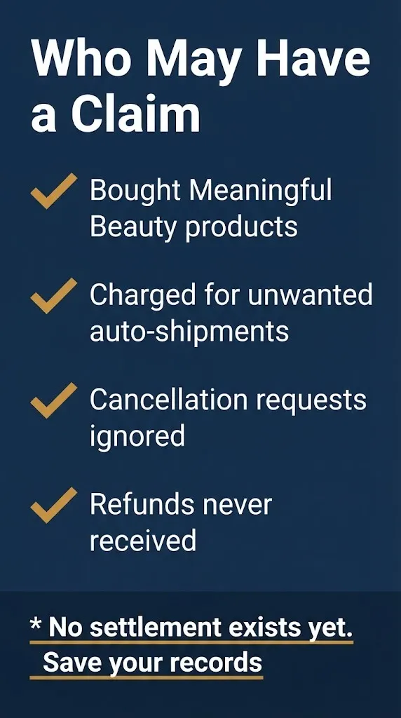Meaningful Beauty lawsuit eligibility checklist showing who may have a claim.
