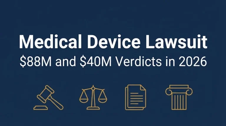 Medical device lawsuit banner showing $88M and $40M jury verdicts in 2026