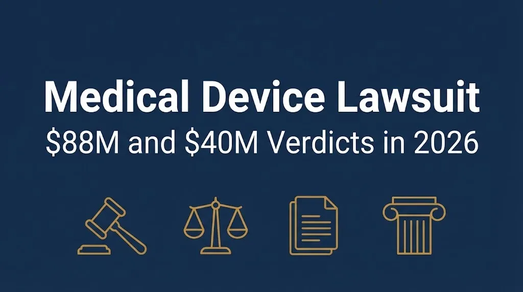 Medical device lawsuit banner showing $88M and $40M jury verdicts in 2026