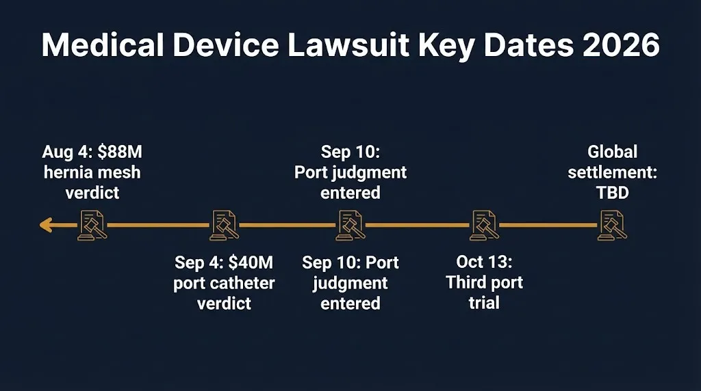 Medical device lawsuit timeline from August 2026 verdicts to the October 13 Bard port trial