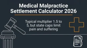Medical malpractice settlement calculator 2026 banner showing multiplier and damage cap limits.