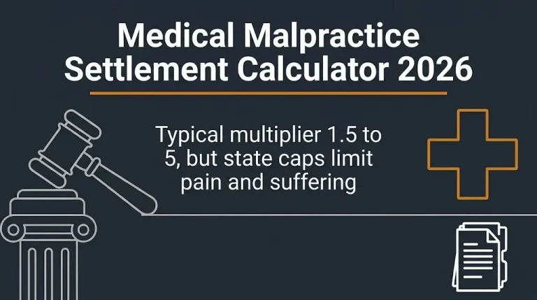 Medical malpractice settlement calculator 2026 banner showing multiplier and damage cap limits.