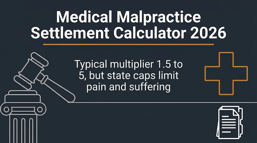 Medical malpractice settlement calculator 2026 banner showing multiplier and damage cap limits.