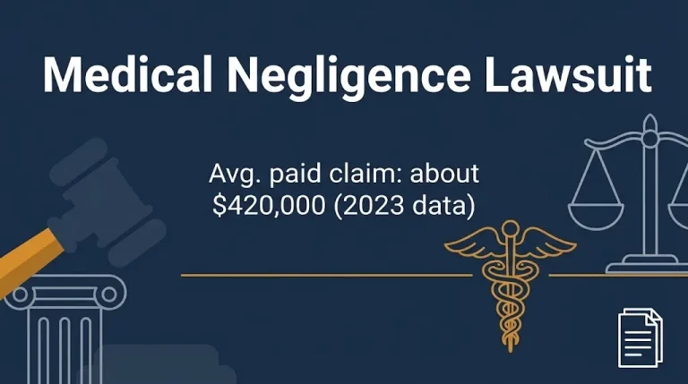 Medical negligence lawsuit banner noting the average paid claim of about $420,000 in 2023