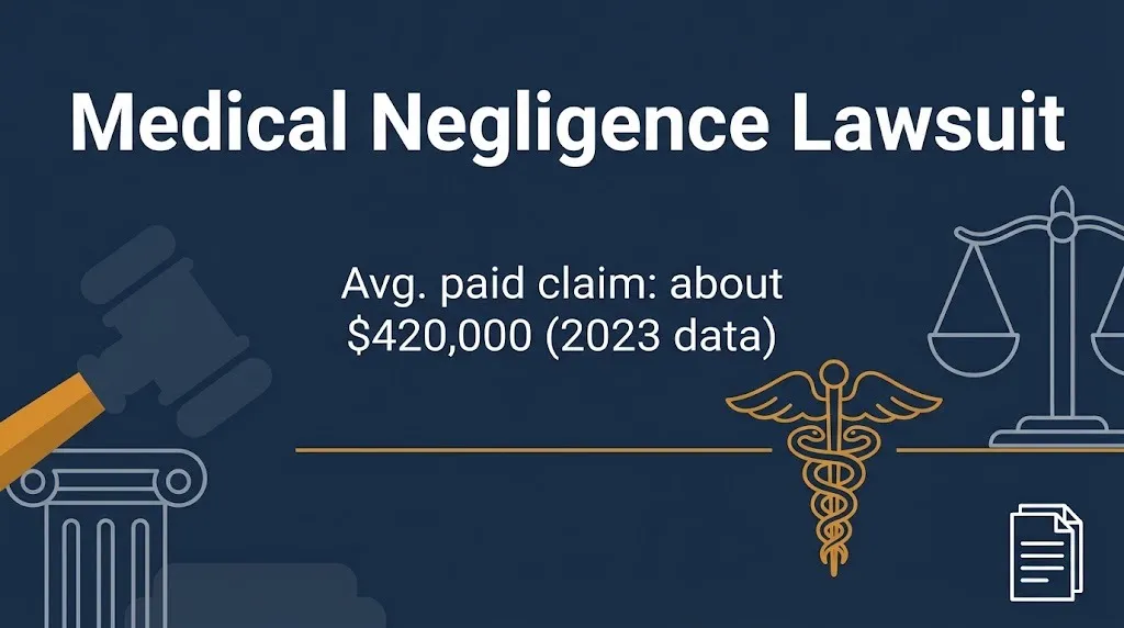 Medical negligence lawsuit banner noting the average paid claim of about $420,000 in 2023