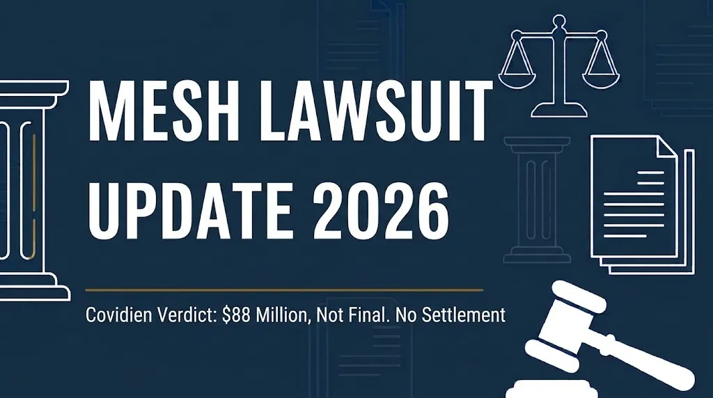Mesh lawsuit update 2026 banner showing $88 million Covidien verdict and no settlement