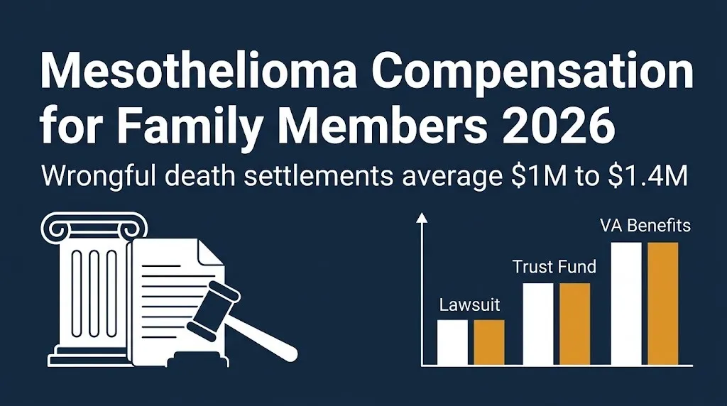 Mesothelioma compensation for family members 2026 hero banner showing lawsuit, trust fund.
