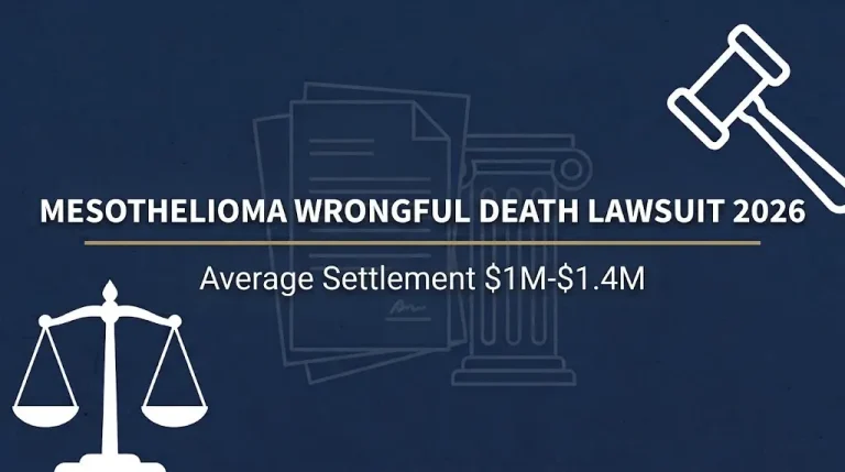 Mesothelioma wrongful death lawsuit 2026 hero banner with gavel, scales, and average settlement figure