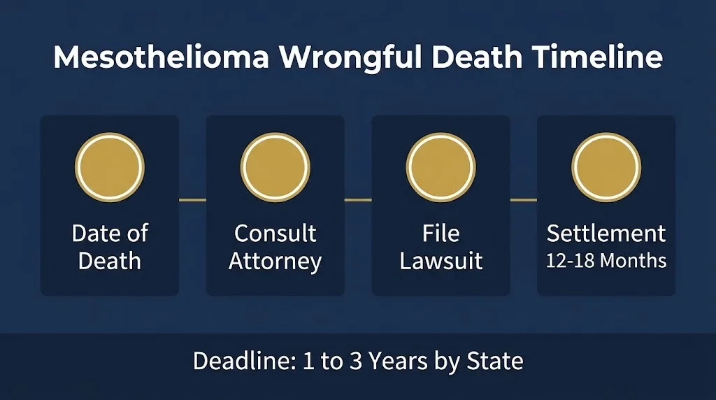 Mesothelioma wrongful death lawsuit timeline infographic with filing deadlines and settlement stages