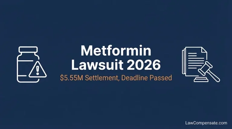 Metformin lawsuit 2026 infographic showing $5.55 million settlement and passed claim deadline.