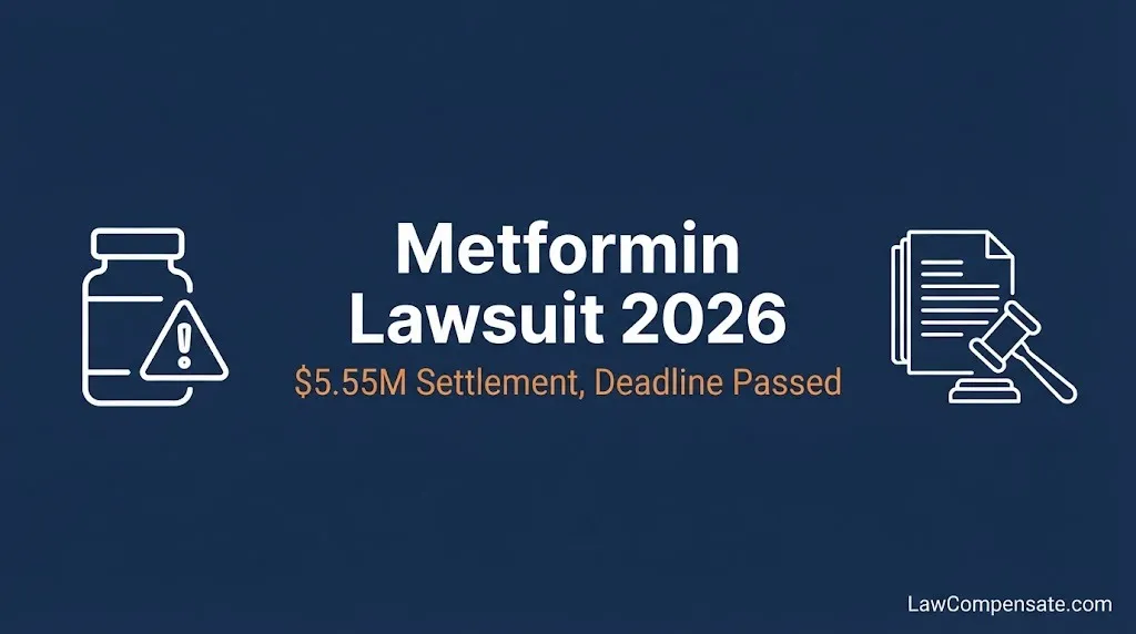 Metformin lawsuit 2026 infographic showing $5.55 million settlement and passed claim deadline.