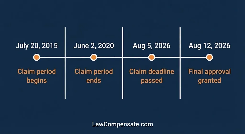 Metformin lawsuit timeline showing 2015-2020 claim period and 2026 settlement deadlines.