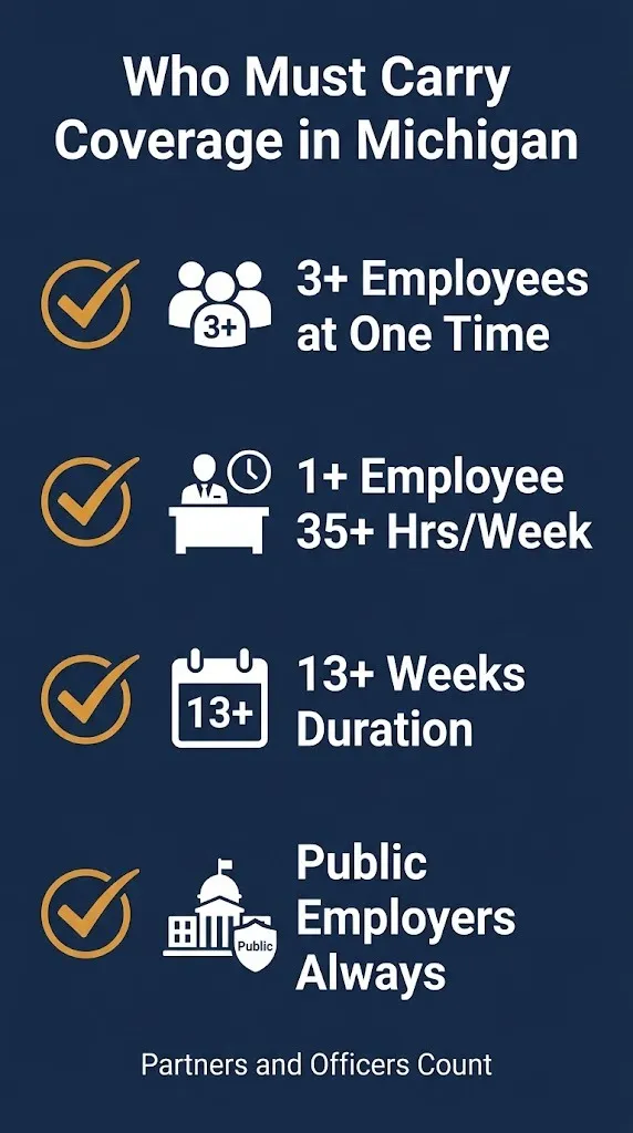 Michigan workers comp coverage checklist showing three-employee and 35-hour thresholds for employers.