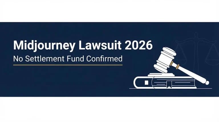 Midjourney lawsuit 2026 banner with headline and no settlement fund confirmed text