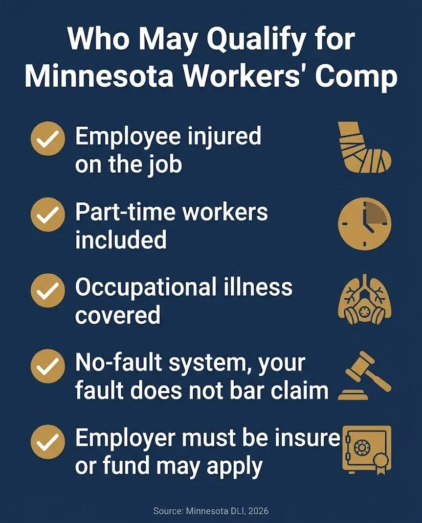 Minnesota workers compensation eligibility checklist 2026 showing who may qualify for benefits