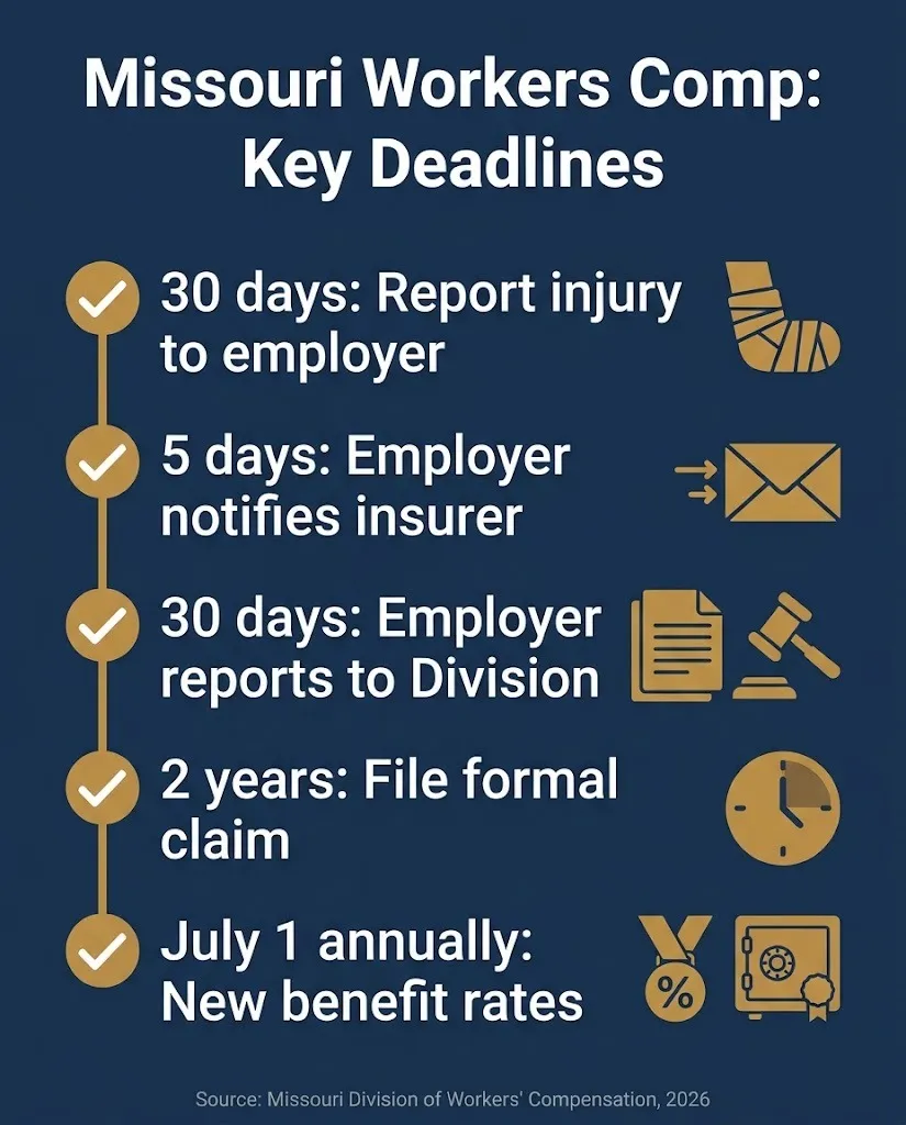 Missouri workers compensation 2026 key deadlines timeline from injury report to formal claim