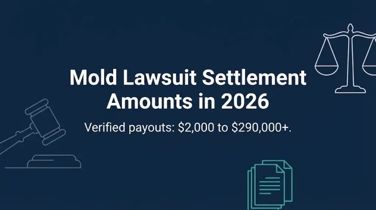 Mold lawsuit settlement amounts 2026 banner showing verified payouts from $2,000 to $290,000.