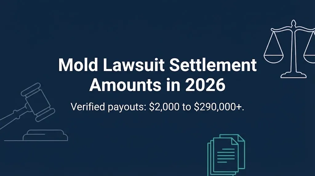 Mold lawsuit settlement amounts 2026 banner showing verified payouts from $2,000 to $290,000.