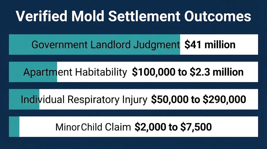 Mold lawsuit settlement payout tiers by case type in 2026, from minor claims to landlord judgments.
