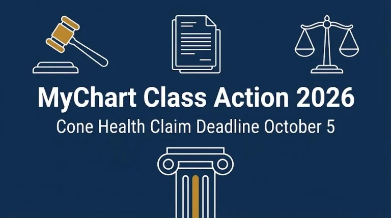 MyChart class action 2026 hero banner with Cone Health October 5 claim deadline and legal symbolism design.
