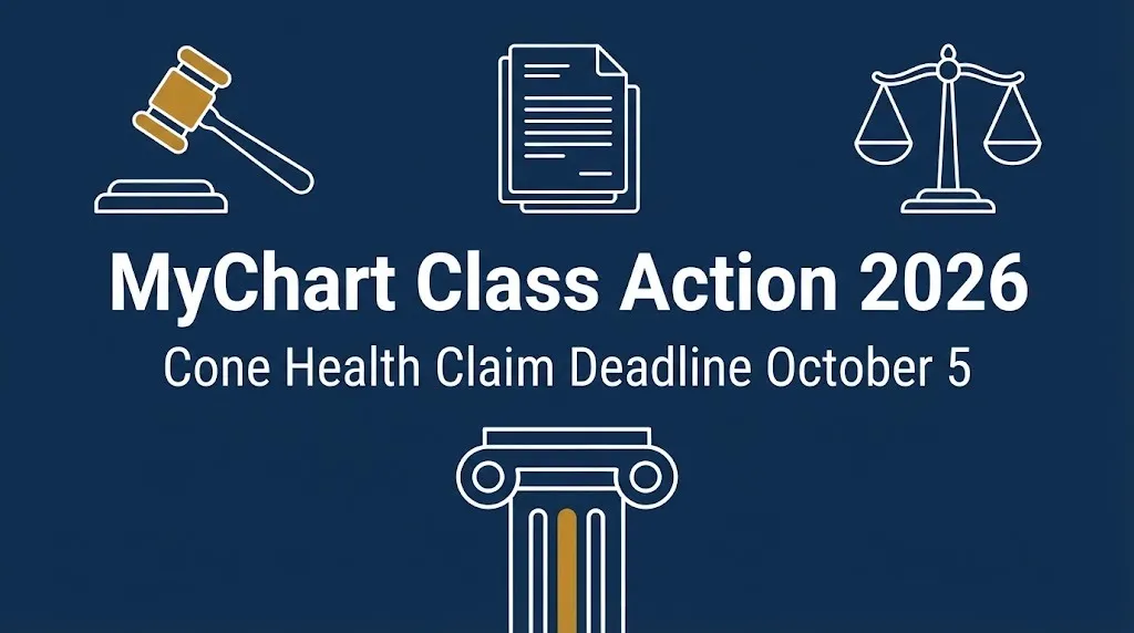 MyChart class action 2026 hero banner with Cone Health October 5 claim deadline and legal symbolism design.