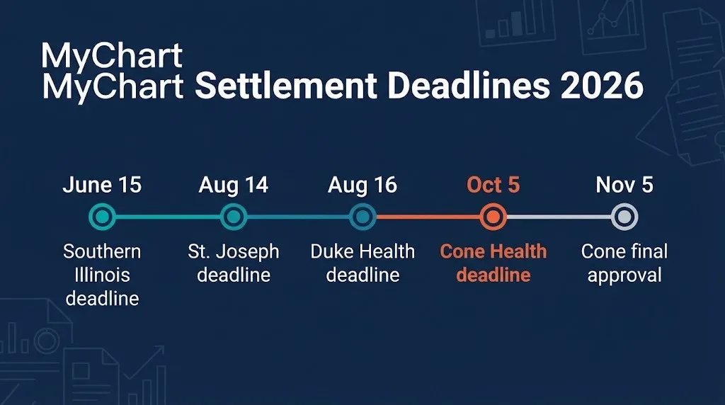 MyChart settlement deadline timeline graphic showing 2026 claim dates from June through November.
