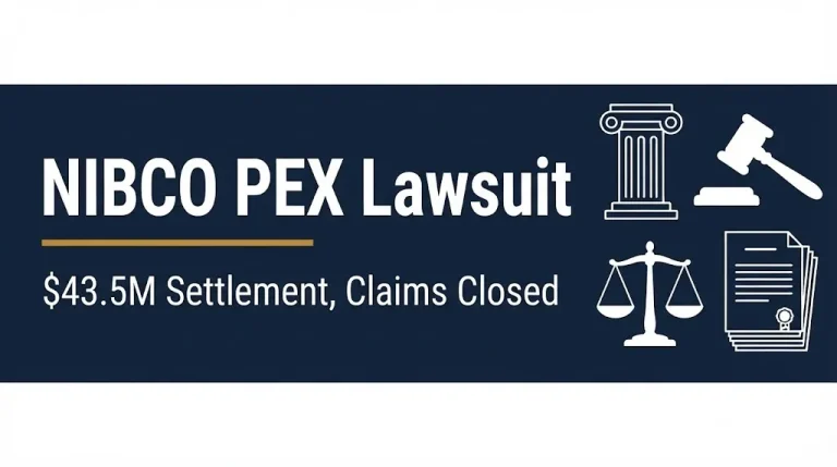 NIBCO PEX lawsuit banner showing the $43.5 million settlement is closed to new claims in 2026
