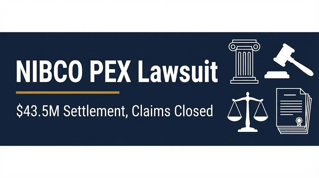 NIBCO PEX lawsuit banner showing the $43.5 million settlement is closed to new claims in 2026