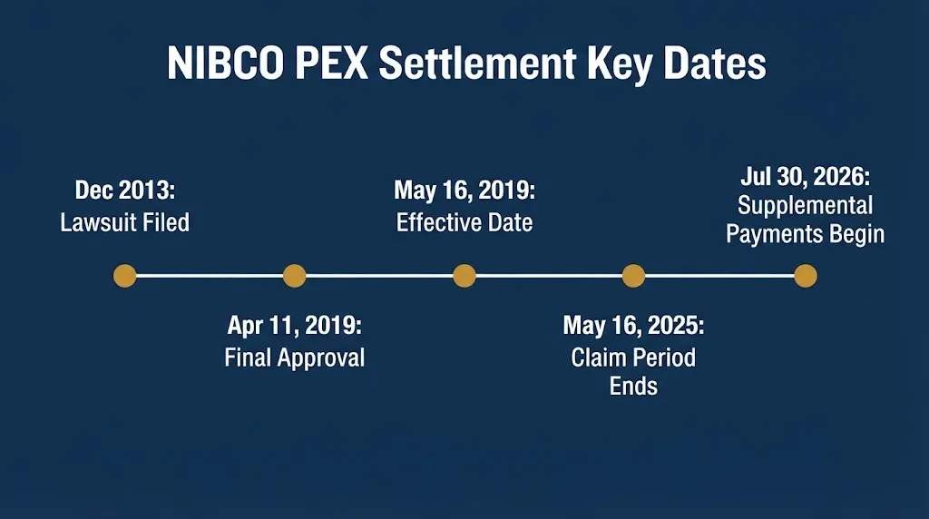 NIBCO PEX lawsuit timeline from the 2013 filing to May 16, 2025 claim period end and July 2026 payments