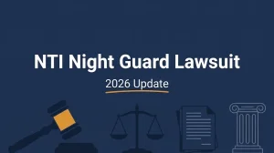 NTI night guard lawsuit 2026 update banner with gavel, scales, and courthouse column on a navy background