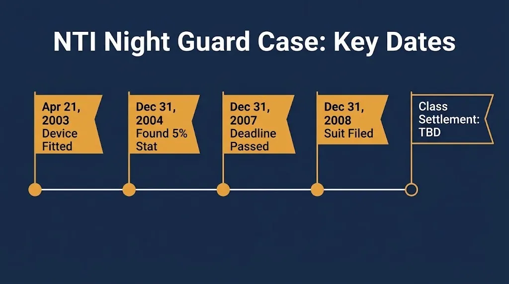 NTI night guard lawsuit timeline 2003 fitting, 2004 discovery, 2007 deadline, 2008 filing, class settlement TBD