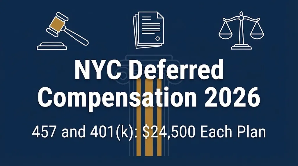 NYC Deferred Compensation 2026 banner with 457 and 401k contribution limits and legal symbolism.