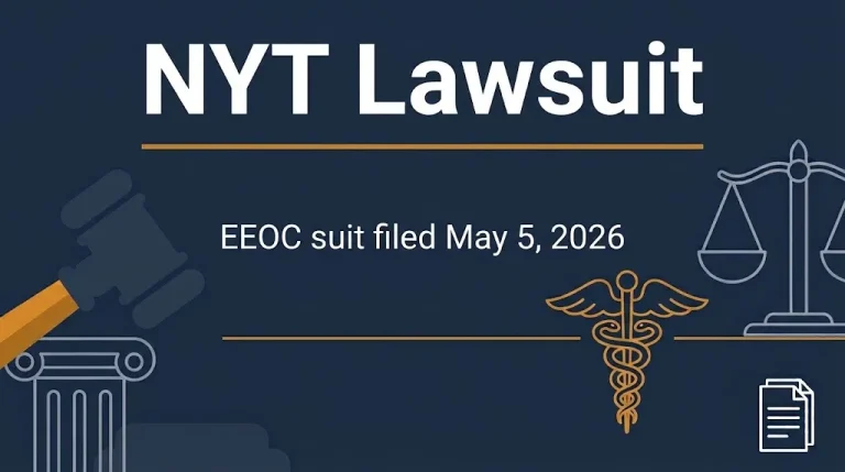 NYT lawsuit banner noting the EEOC discrimination suit against The New York Times filed May 5, 2026