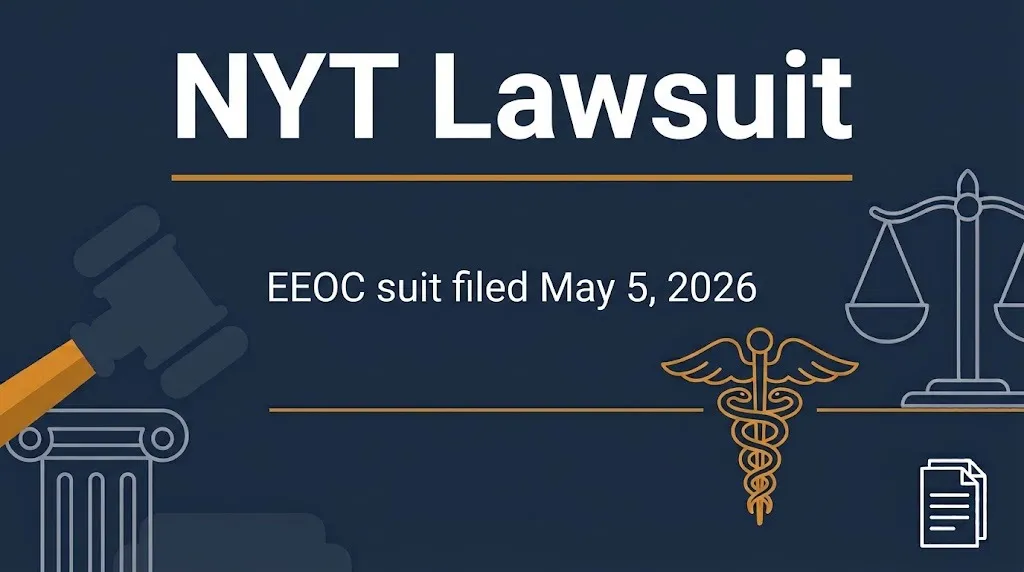 NYT lawsuit banner noting the EEOC discrimination suit against The New York Times filed May 5, 2026