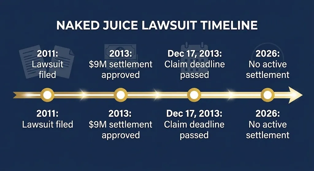 Naked Juice lawsuit timeline showing settlement in 2013 and no active claim in 2026.