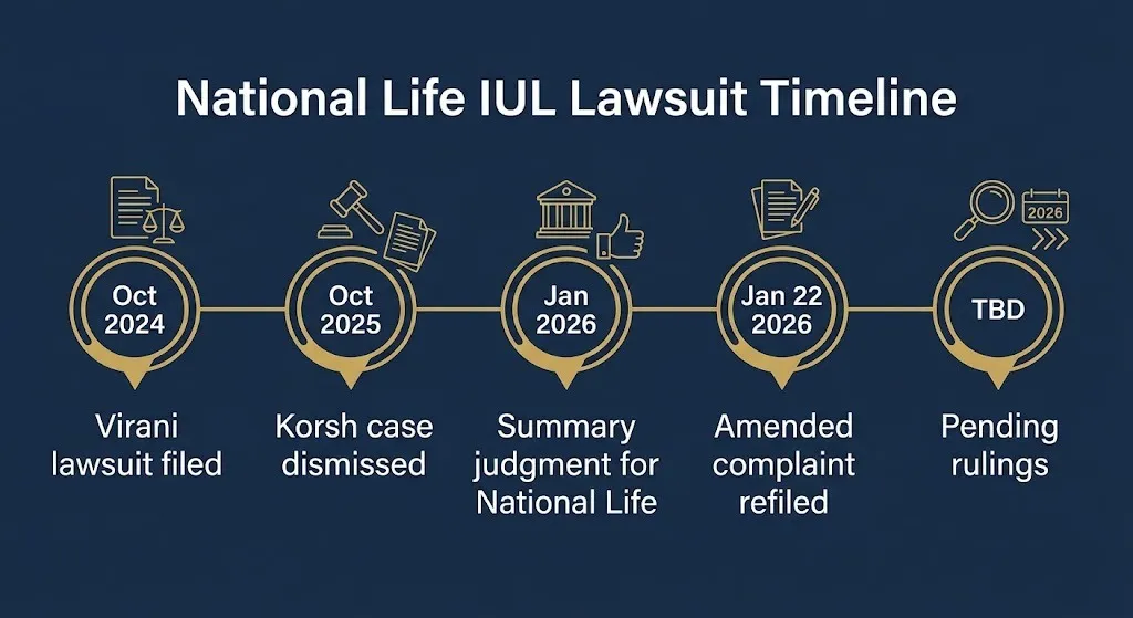 National Life Group lawsuit timeline from 2024 filing to 2026 refiled complaint.
