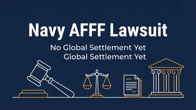 Navy AFFF lawsuit banner with gavel and scales noting no global settlement yet in 2026