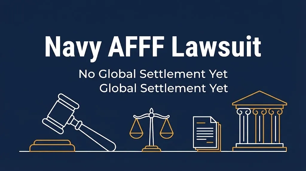 Navy AFFF lawsuit banner with gavel and scales noting no global settlement yet in 2026