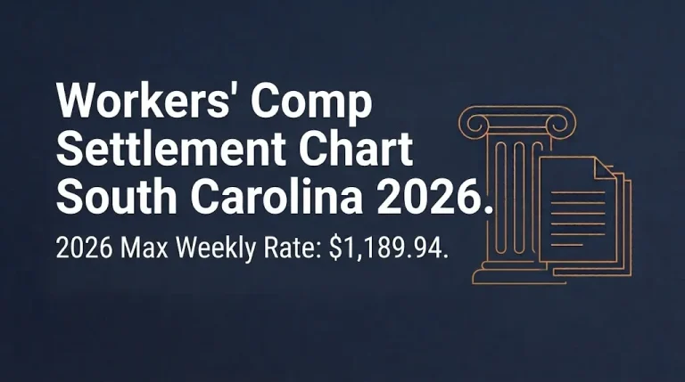 Navy banner graphic for South Carolina workers comp settlement chart 2026 with $1,189.94 max rate.