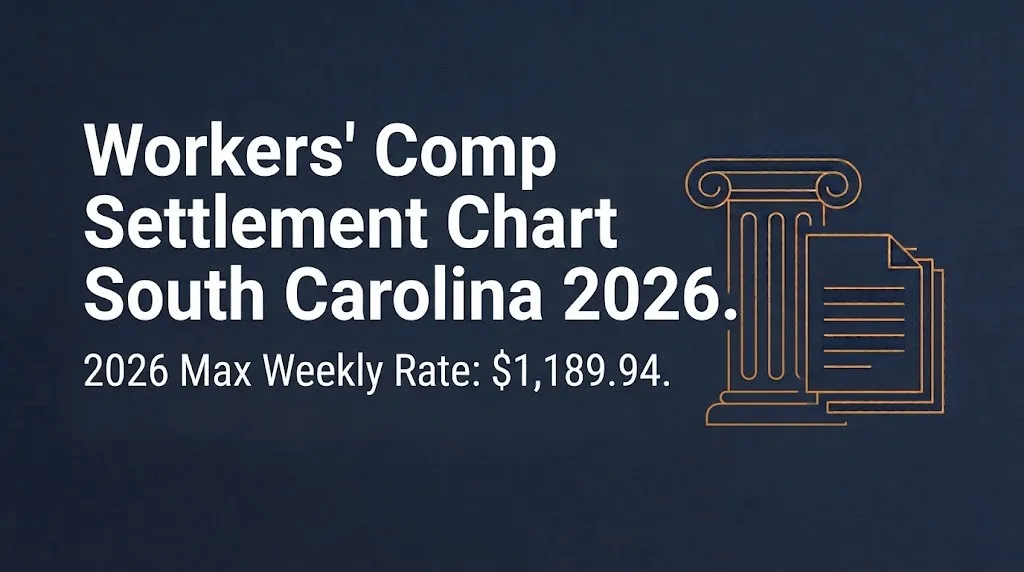 Navy banner graphic for South Carolina workers comp settlement chart 2026 with $1,189.94 max rate.