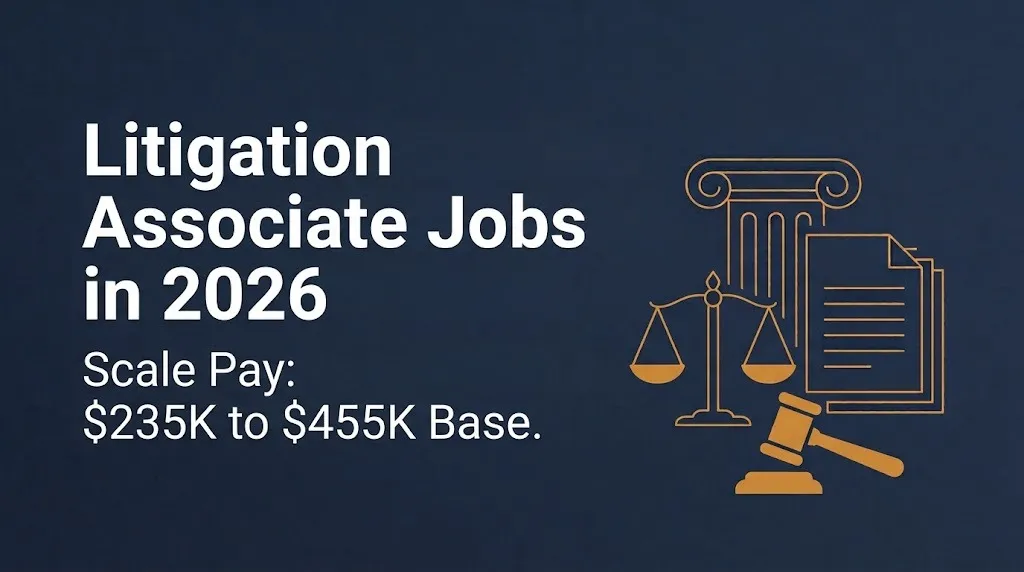 Navy banner graphic for litigation associate jobs in 2026 with salary range $235K to $455K.
