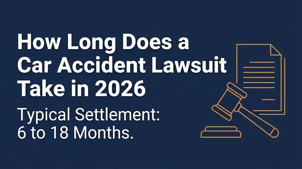 Navy banner graphic showing 2026 car accident lawsuit timeline and typical 6 to 18 month settlement window.