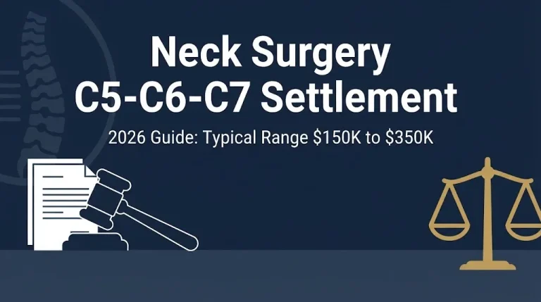 Neck surgery C5-C6-C7 settlement 2026 banner with gavel icon and typical settlement range.